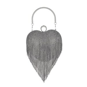 sither rhinestone tassel handbag purses for women evening handbag purses heart shape clutch purses sparkly clutches shoulder chain bags for party prom christmas gift (black)