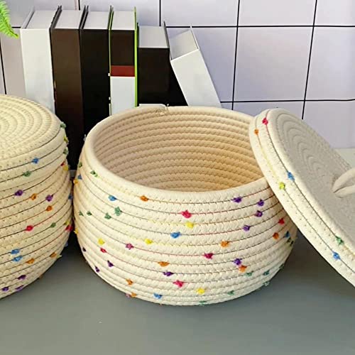 PLUT Storage Basket with Lid, Handmade Cotton Rope Storage Box Large Capacity Multipurpose Home Desktop Makeup Organizer Snack Box