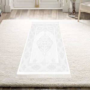 luxemin white color luxurious shinning, soft and velvety muslim prayer mat | janamaz | sajadah | soft muslim prayer mat | muslim gifts collection prayer carpet mat, textile cloth