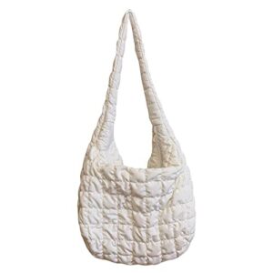 madgrandeur women’s puffer bag solid color padded tote bag quilted puffy crossbody bag large aesthetic pleated underarm shoulder bag (white)