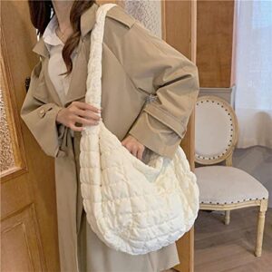 MadGrandeur Women's Puffer Bag Solid Color Padded Tote Bag Quilted Puffy Crossbody Bag Large Aesthetic Pleated Underarm Shoulder Bag (White)