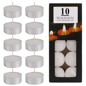 10 pack tealight candles smokeless unscented small tea lights candles bulk 4.5 hours burn time dripless paraffin tea candles for shabbat, weddings, home decorative, wax seal warmer, white