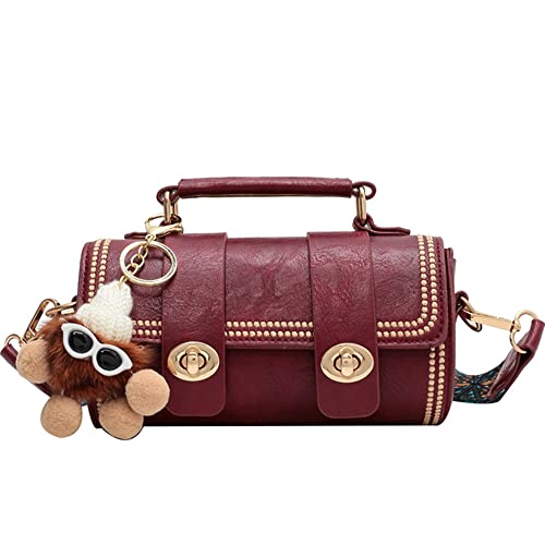 RTGGSEL Retro Vegan Leather Crossbody Shoulder Duffel Barrel Bags for Women Small Tote Satchel Handbags Purse (Wine Red)