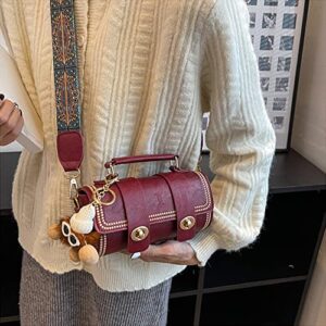 RTGGSEL Retro Vegan Leather Crossbody Shoulder Duffel Barrel Bags for Women Small Tote Satchel Handbags Purse (Wine Red)