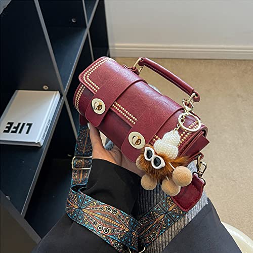 RTGGSEL Retro Vegan Leather Crossbody Shoulder Duffel Barrel Bags for Women Small Tote Satchel Handbags Purse (Wine Red)