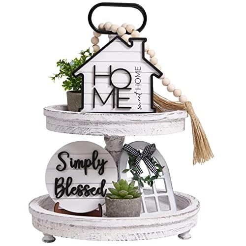 Tiered Tray Decor 11 Pieces, MCZTO Farmhouse Decor for Tiered Tray, White Exquisite Relief Design Sign Rustic Table Ornaments for Kitchen Table Decoration, Gift (Tiered Tray NOT Included)