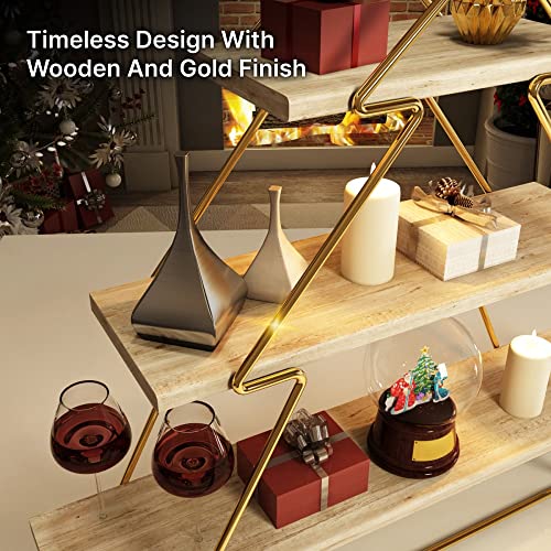 BENOLDY 3 Tier Christmas Tree Gold Stainless Steel Design Floating Shelf - Luxury Pine Wood Shelves, Modern Wall Rack for Bedroom, Living Room Decor & Multipurpose Organizer Stand