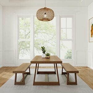 Plank+Beam Farmhouse Dining Table Set, Solid Wood Dining Table with 2 Benches for Dining Room/Kitchen, Pecan Wirebrush