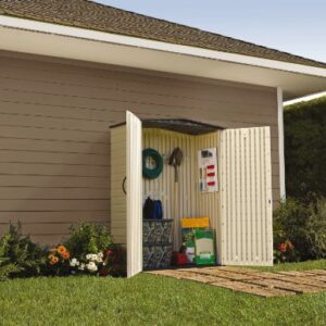 Rubbermaid Resin Weather Resistant Outdoor Storage Shed, 7 x 3.5 ft, Maple/Sandstone & Rubbermaid Resin Weather Resistant Outdoor Storage Shed, 5 x 2 ft, Sandalwood/Onyx Roof