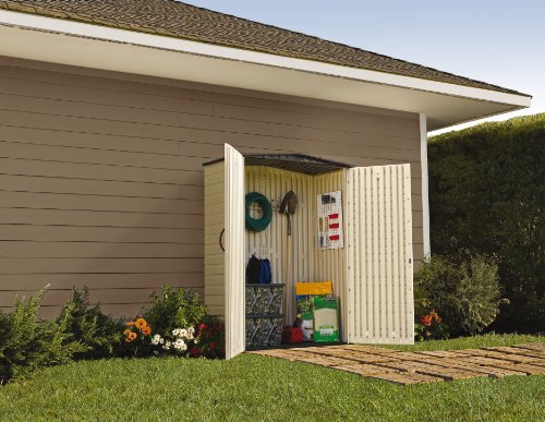 Rubbermaid Resin Weather Resistant Outdoor Storage Shed, 7 x 3.5 ft, Maple/Sandstone & Rubbermaid Resin Weather Resistant Outdoor Storage Shed, 5 x 2 ft, Sandalwood/Onyx Roof