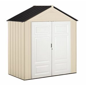 Rubbermaid Resin Weather Resistant Outdoor Storage Shed, 7 x 3.5 ft, Maple/Sandstone & Rubbermaid Resin Weather Resistant Outdoor Storage Shed, 5 x 2 ft, Sandalwood/Onyx Roof