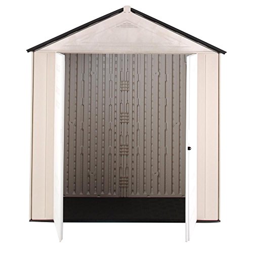 Rubbermaid Resin Weather Resistant Outdoor Storage Shed, 7 x 3.5 ft, Maple/Sandstone & Rubbermaid Resin Weather Resistant Outdoor Storage Shed, 5 x 2 ft, Sandalwood/Onyx Roof