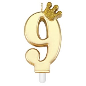 3.9inch birthday number candle, large 3d number birthday candles for cake with glitter crown decor cake topper candle for wedding ceremony anniversary festival party (gold, 9)