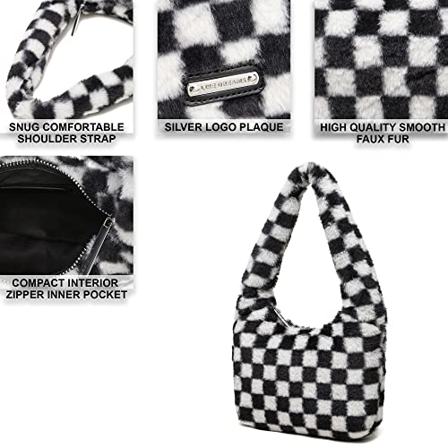 Fashion Soft Faux Fur Shoulder Bag Purse for Women Retro Checkered Fluffy Hobo Handbag Zipper Closure (White Black)