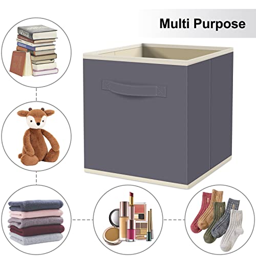 FabTotes Storage Bins 6 Pack Collapsible Storage Cubes, 11"x10.5"x10.5" Large Toy Book Organizer Boxes with Handles and Label Card & Label Holder, Baskets for Organizing Closet Shelves (Grey)