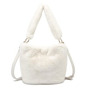 like dreams women’s furry soft faux fur hobo top handle crossbody bag vegan leather strap bucket satchel handbag (ivory)