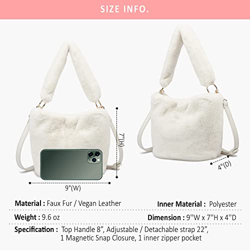 Like Dreams Women's Furry Soft Faux Fur Hobo Top Handle Crossbody Bag Vegan Leather Strap Bucket Satchel Handbag (Ivory)