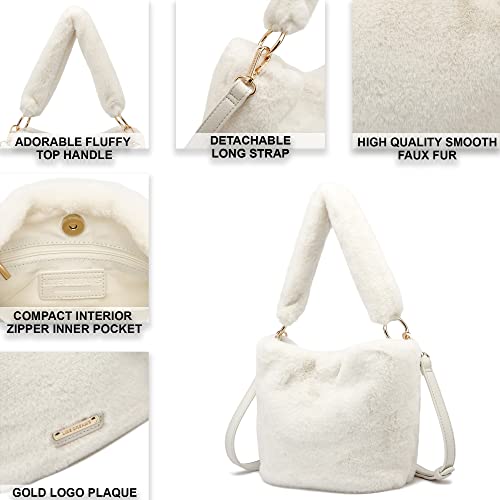 Like Dreams Women's Furry Soft Faux Fur Hobo Top Handle Crossbody Bag Vegan Leather Strap Bucket Satchel Handbag (Ivory)