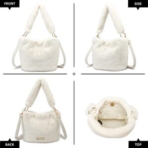 Like Dreams Women's Furry Soft Faux Fur Hobo Top Handle Crossbody Bag Vegan Leather Strap Bucket Satchel Handbag (Ivory)