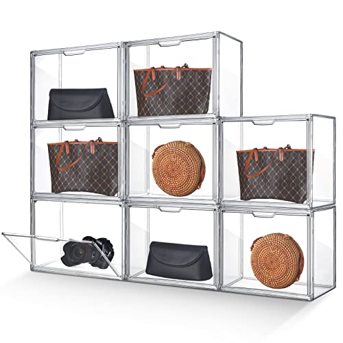 Acrylic Display Case Clear Plastic Purse and Handbag Storage Organizer for Closet, Stackable Acrylic Storage Boxes with Magnetic Door for Collectibles Shoes Wallet Cosmetic Book Toys Display (8 Pack)