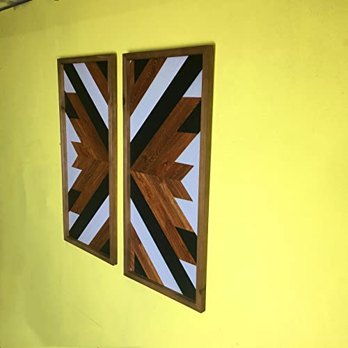 Southwestern Aztec Wall Decor, Native American Wood Wall Art Print Navajo Tribal Western Modern Boho For Home Living Room Bedroom Bohemian Geometric Diamond Frames Hanging Farmhouse Style Decorations (2 Rectangular Brown)