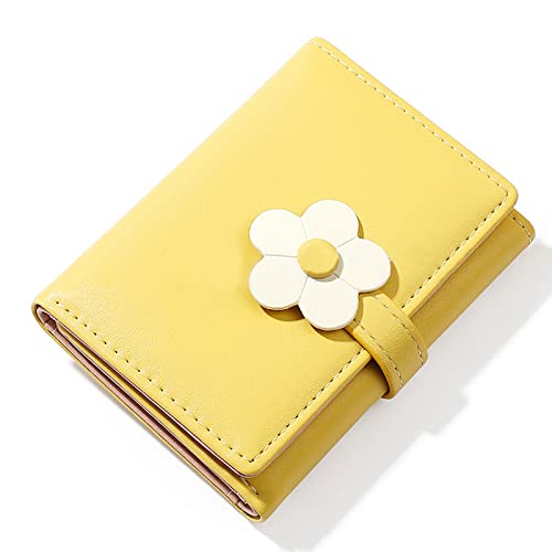 LJCZKA Cute Small Wallet for Girls Women - RFID Blocking PU Leather Tri-folded Flowers Cash Pocket with Card Holder Slim Short Wallet (Yellow)