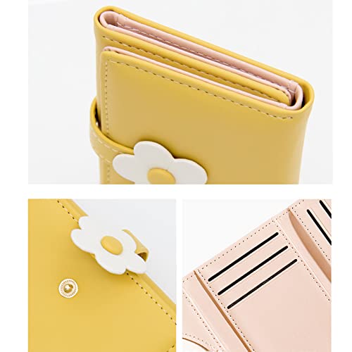 LJCZKA Cute Small Wallet for Girls Women - RFID Blocking PU Leather Tri-folded Flowers Cash Pocket with Card Holder Slim Short Wallet (Yellow)