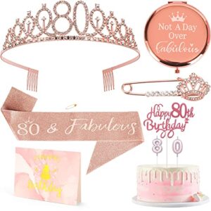 80th birthday decorations for women, 80th birthday party decorations include 80th birthday crown, sash, compact mirror, “80” candles, cake topper, pin, card, rose gold 80th birthday gifts