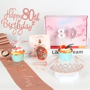 80th Birthday Decorations for Women, 80th Birthday Party Decorations Include 80th Birthday Crown, Sash, Compact Mirror, "80" Candles, Cake Topper, Pin, Card, Rose Gold 80th Birthday Gifts