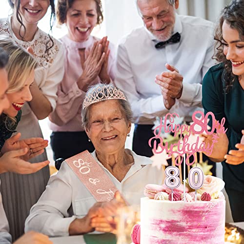 80th Birthday Decorations for Women, 80th Birthday Party Decorations Include 80th Birthday Crown, Sash, Compact Mirror, "80" Candles, Cake Topper, Pin, Card, Rose Gold 80th Birthday Gifts