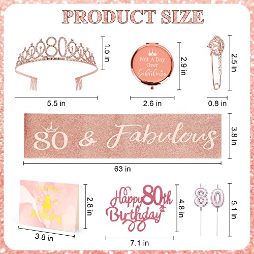 80th Birthday Decorations for Women, 80th Birthday Party Decorations Include 80th Birthday Crown, Sash, Compact Mirror, "80" Candles, Cake Topper, Pin, Card, Rose Gold 80th Birthday Gifts