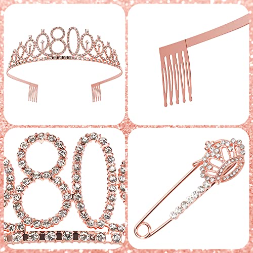 80th Birthday Decorations for Women, 80th Birthday Party Decorations Include 80th Birthday Crown, Sash, Compact Mirror, "80" Candles, Cake Topper, Pin, Card, Rose Gold 80th Birthday Gifts