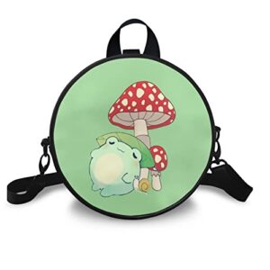 poceacles frog mushroom round crossbody bags for women kawaii zipper shoulder bag circular handbags pu leather cross body purse tote bag for school shopping work