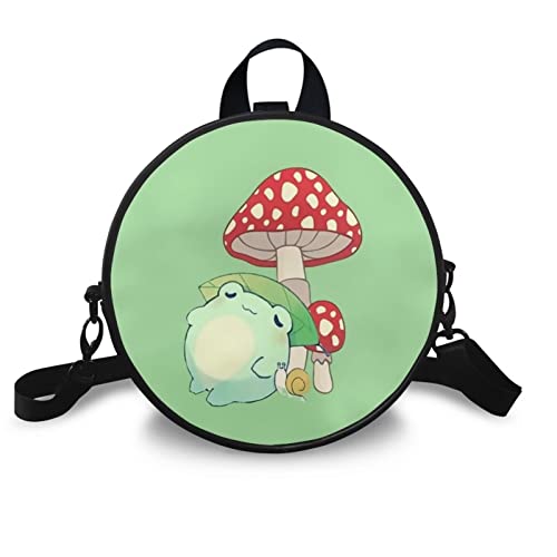 Poceacles Frog Mushroom Round Crossbody Bags for Women Kawaii Zipper Shoulder Bag Circular Handbags PU Leather Cross Body Purse Tote Bag for School Shopping Work