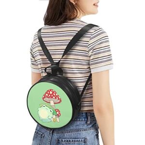 Poceacles Frog Mushroom Round Crossbody Bags for Women Kawaii Zipper Shoulder Bag Circular Handbags PU Leather Cross Body Purse Tote Bag for School Shopping Work