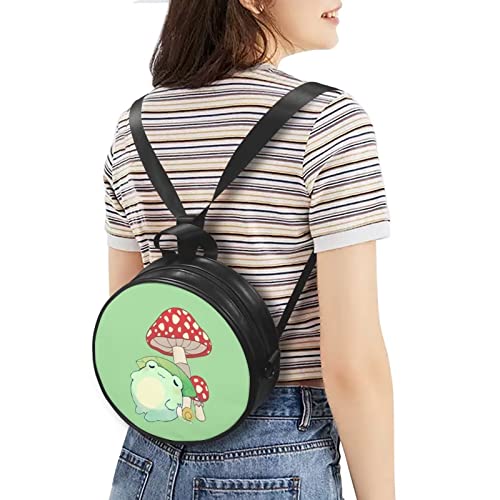 Poceacles Frog Mushroom Round Crossbody Bags for Women Kawaii Zipper Shoulder Bag Circular Handbags PU Leather Cross Body Purse Tote Bag for School Shopping Work