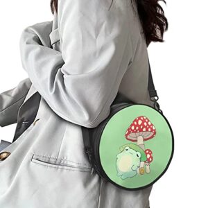 Poceacles Frog Mushroom Round Crossbody Bags for Women Kawaii Zipper Shoulder Bag Circular Handbags PU Leather Cross Body Purse Tote Bag for School Shopping Work