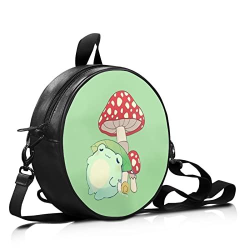 Poceacles Frog Mushroom Round Crossbody Bags for Women Kawaii Zipper Shoulder Bag Circular Handbags PU Leather Cross Body Purse Tote Bag for School Shopping Work