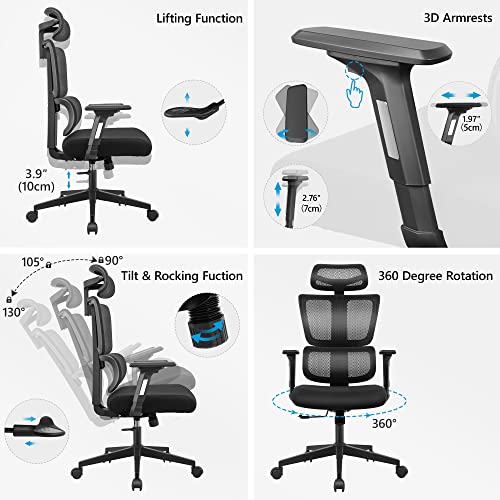 Primy Ergonomic Office Chair Gaming Chair, High Back Breathable Mesh Desk Chair, Comfortable Ergonomic Computer Chair with Adjustable Lumbar Support, Adjustable Lifting 360 Degree Swivel Task Chair