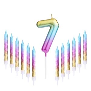 1 set of 2.7inch birthday candles, rainbow gradient spiral candle for birthday anniversary parties (number 7, with 12 candles)