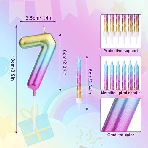 1 Set of 2.7inch Birthday Candles, Rainbow Gradient Spiral Candle for Birthday Anniversary Parties (Number 7, with 12 Candles)