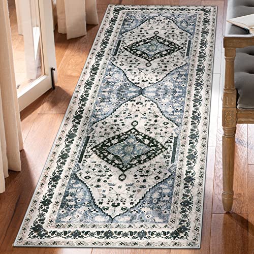 Beeiva Persian Washable Hallway Runner Rug, 2x6 Blue Vintage Floral Bathroom Kitchen Runner Rugs with Rubber Backing, Boho Runner Rug for Hallways Bedroom Entryway Laundry Room