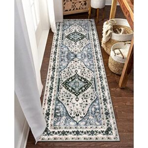 Beeiva Persian Washable Hallway Runner Rug, 2x6 Blue Vintage Floral Bathroom Kitchen Runner Rugs with Rubber Backing, Boho Runner Rug for Hallways Bedroom Entryway Laundry Room