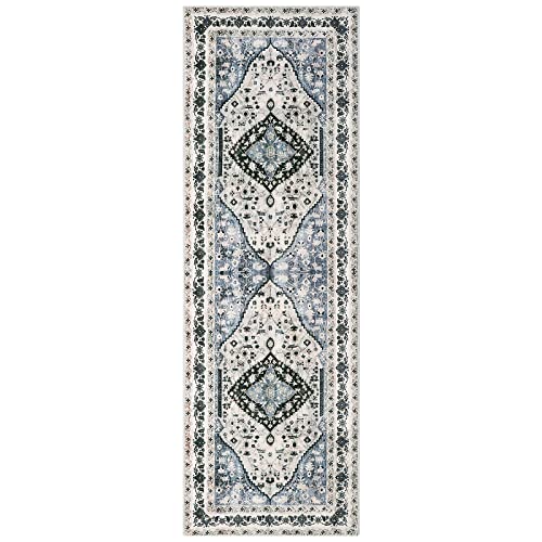 Beeiva Persian Washable Hallway Runner Rug, 2x6 Blue Vintage Floral Bathroom Kitchen Runner Rugs with Rubber Backing, Boho Runner Rug for Hallways Bedroom Entryway Laundry Room