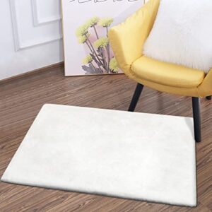 Fixseed Small Rugs White Fluffy Faux Rabbit Fur Rug 2 x 3 for Bedroom Bathroom, Machine Washable Modern Area Rugs Non Slip Entry Way Rug for Chair Living Room Bath Rug
