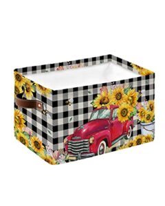1 pc large storage basket bins waterproof fabric, spring sunflower tulip bee floral rectangular storage box for shelf closet organizer summer red truck flower black plaid