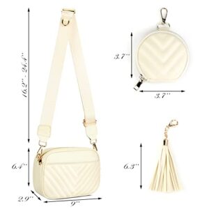 Quilted Small Crossbody Bag for Women With Coin Purse Pouch and Tassel Women Square Camera Side Shoulder Handbag (White)