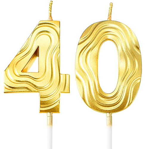 40th Birthday Candles Happy Birthday Cake Topper 40th Birthday Decorations 3D Streamline Number Candles for Men Women Birthday Wedding Anniversary Celebration Supplies (Gold)