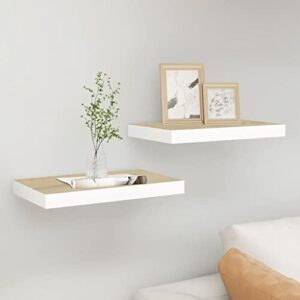 golinpeilo floating wall shelves, set of 2 decor wall mounted shelves, hanging shelf with invisible brackets for bathroom/living room/bedroom/kitchen decor, oak and white 15.7″x9.1″x1.5″ mdf