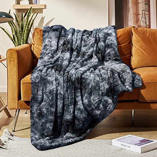 MOOFUN Faux Fur Throw Blanket- 60 x 80 inches, Soft Fluffy Cozy Warm Fuzzy Machine Washable, Durable Blanket for Couch and Bed - Grey